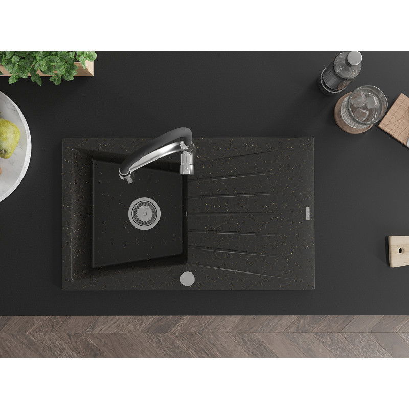 Mexen Cesar žulový drez s 1-komorou s odkvapávačom a kuchynskou batériou Aster, čierna/zlatý metalický - 6514-75-73450-07