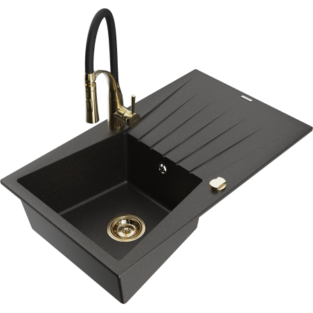 Mexen Cesar žulový drez s 1-komorou a odkvapkávačom a kuchynskou batériou Aster, čierny/zlatý metalik - 6514-75-73450-57-G