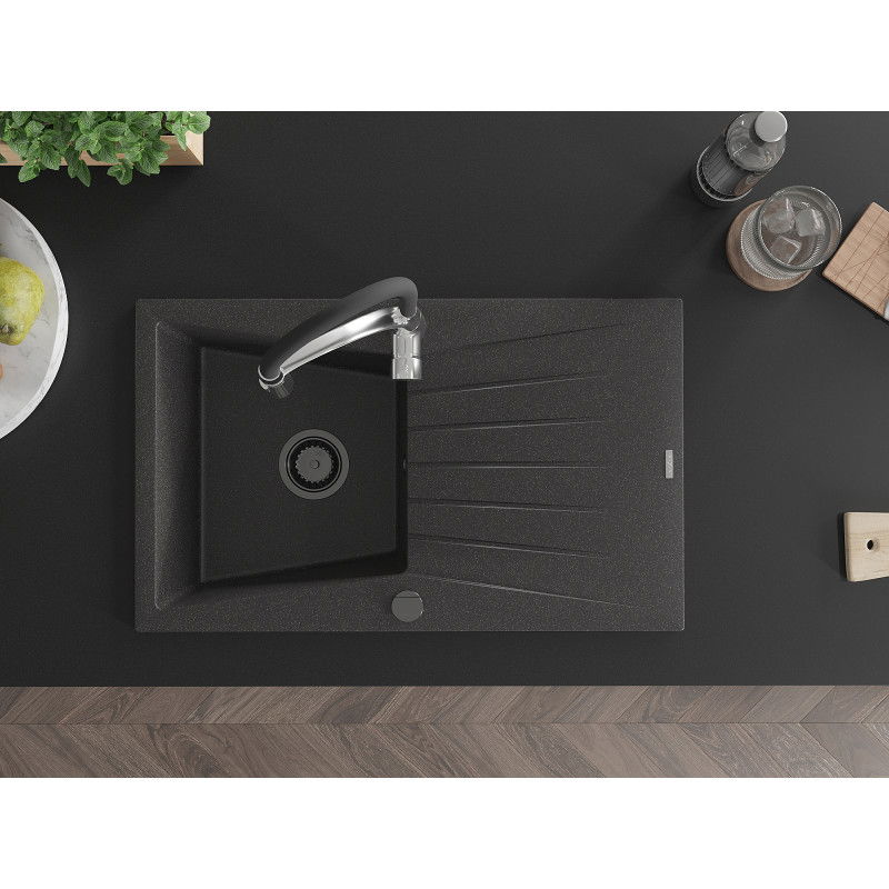 Mexen Cesar žulový drez 1-komorový s odkvapkávačom a kuchynskou batériou Aster, čierny škvrnitý - 6514-76-73450-07-B