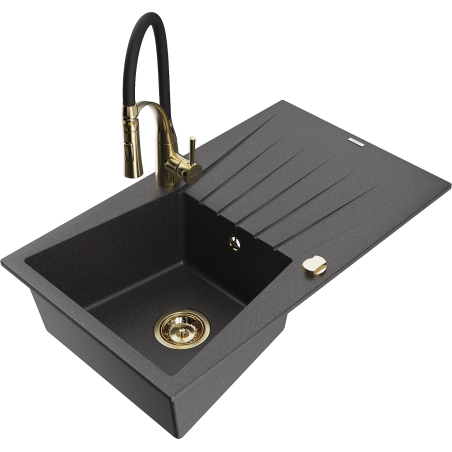 Mexen Cesar žulový drez 1-komorový s odkvapkávačom a kuchynskou batériou Aster, čierny škvrnitý - 6514-76-73450-57-G