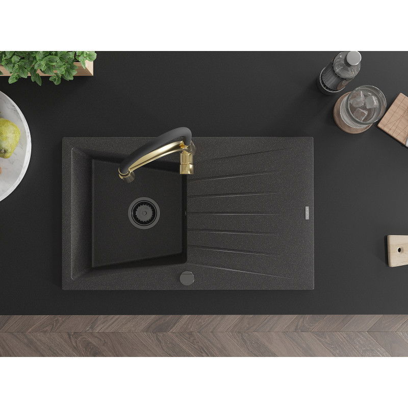 Mexen Cesar granitový drez s jednou komorou a odkvapkávacou plochou a kuchynskou batériou Aster, čierny s bodkami