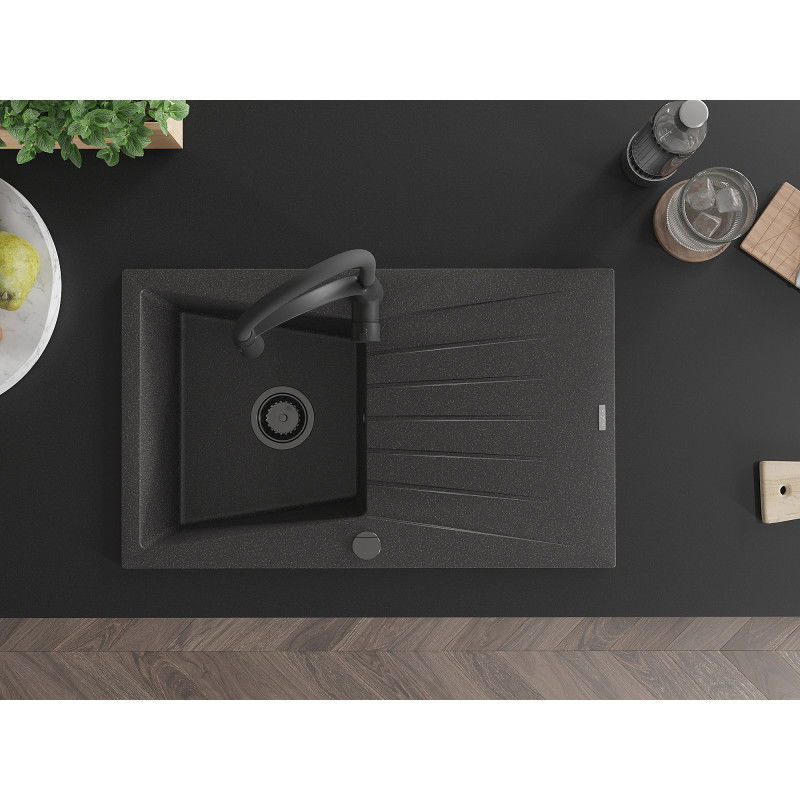 Mexen Cesar žulový kuchynský drez s 1 komorou s odkvapkávačom a kuchynskou batériou Aster, čierny s bielymi škvrnami