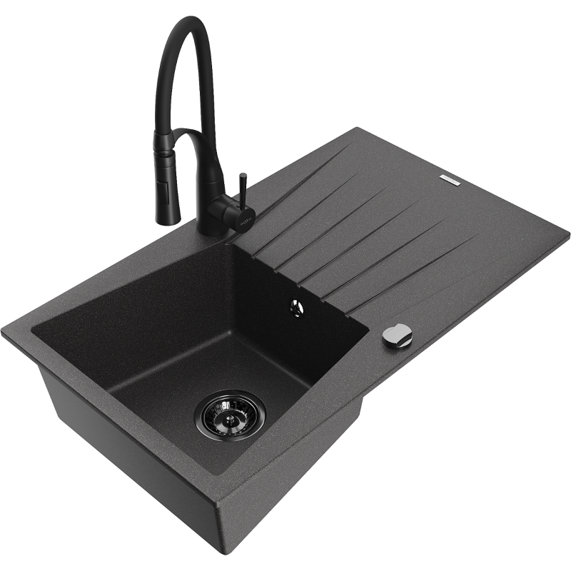 Mexen Cesar žulový kuchynský drez s 1 komorou s odkvapkávačom a kuchynskou batériou Aster, čierny s bielymi škvrnami