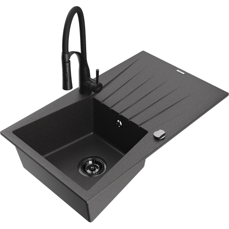 Mexen Cesar žulový kuchynský drez s 1 komorou s odkvapkávačom a kuchynskou batériou Aster, čierny s bielymi škvrnami