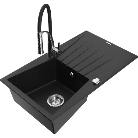 Mexen Cesar granitový jednokomorový drez s odkvapkávačom a kuchynskou batériou Aster, čierny - 6514-77-73450-07