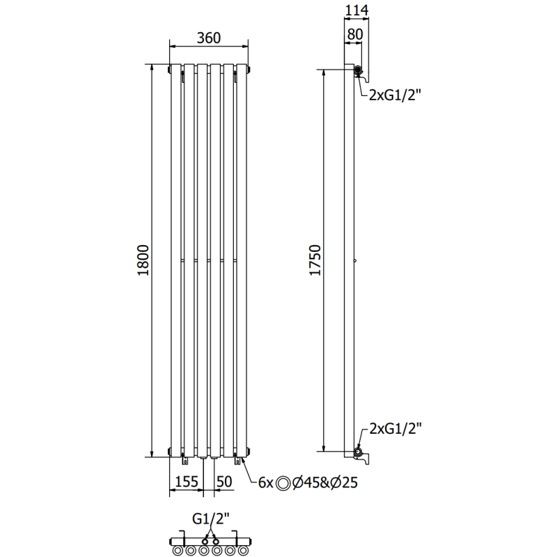 Mexen Nevada dekoratívny radiátor 1800 x 360 mm, 705 W, čierny - W201-1800-360-00-70