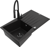 Mexen Cesar jednovaničkový granitový drez s odkvapkávačom a kuchynskou batériou Aster, čierny - 6514-77-73450-70-B