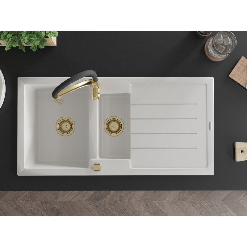 Mexen Andres žulový drez 1,5-komorový s odkvapkávacou plochou a kuchynskou batériou Aster, biely - 6515-20-73450-57-G