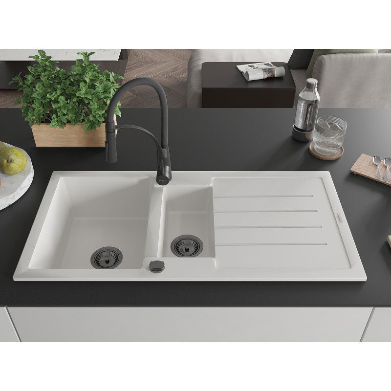 Mexen Andres granitový drez 1,5-komorový s odkvapkávačom a kuchynskou batériou Aster, biely - 6515-20-73450-70-B