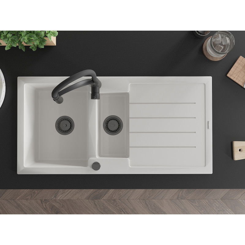 Mexen Andres granitový drez 1,5-komorový s odkvapkávačom a kuchynskou batériou Aster, biely - 6515-20-73450-70-B