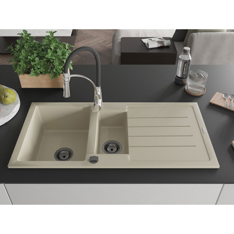 Mexen Andres granitový drez 1,5-komorový s odkvapkávačom a kuchynskou batériou Aster, béžový - 6515-69-73450-07-B