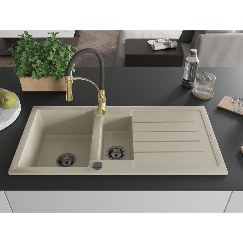 Mexen Andres žulový drez 1,5-komorový s odkvapkávačom a kuchynskou batériou Aster, béžový - 6515-69-73450-57-B