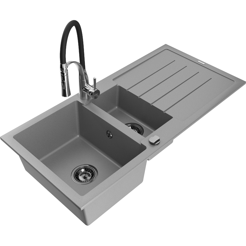 Mexen Andres granitový drez 1,5-komorový s odkvapkávačom a kuchynskou batériou Aster, sivý - 6515-71-73450-07-B