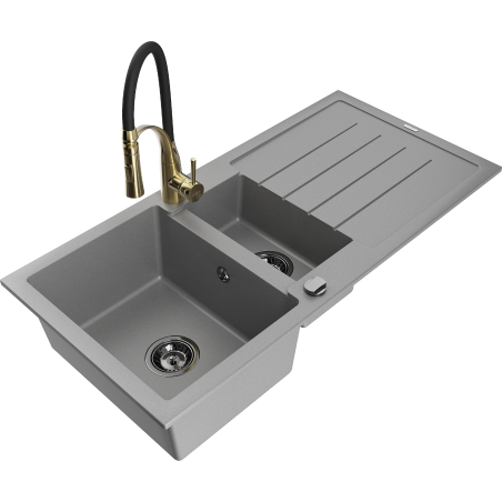 Mexen Andres granitový drez 1,5-komorový s odkvapkávačom a kuchynskou batériou Aster, sivý - 6515-71-73450-57-B