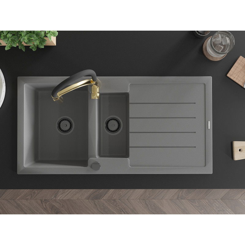 Mexen Andres granitový drez 1,5-komorový s odkvapkávačom a kuchynskou batériou Aster, sivý - 6515-71-73450-57-B