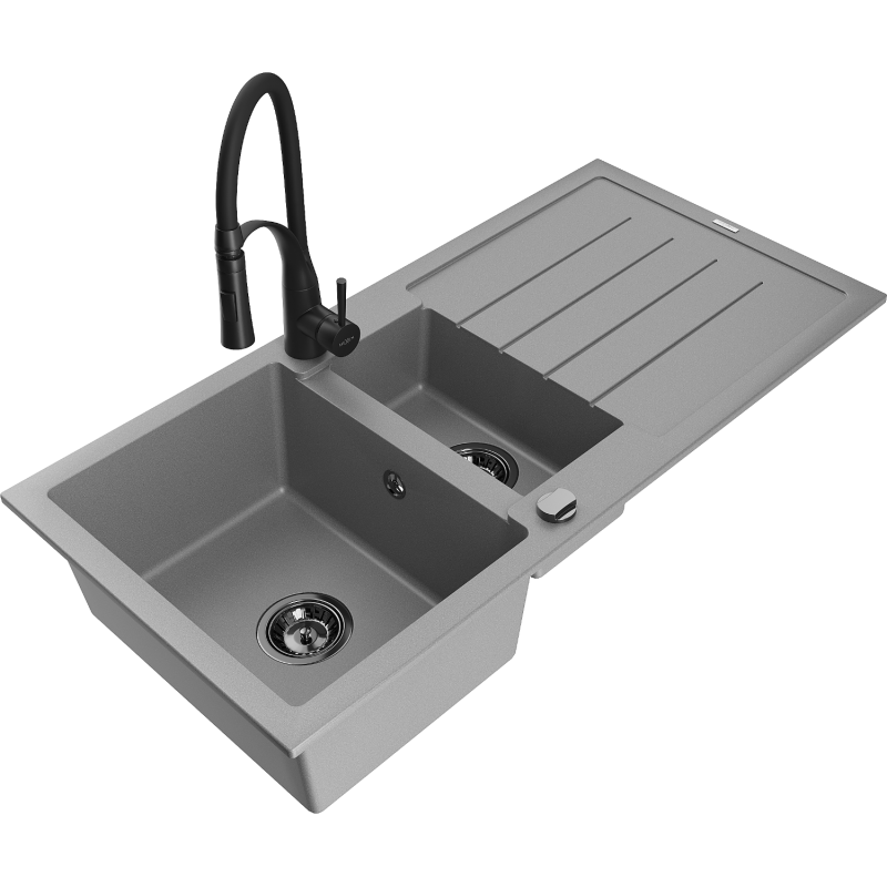 Mexen Andres žulový kuchynský drez s 1,5-komorou, s odkvapkávačom a kuchynskou batériou Aster, sivý - 6515-71-73450-70-B