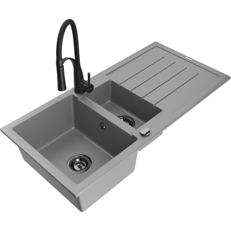 Mexen Andres žulový kuchynský drez s 1,5-komorou, s odkvapkávačom a kuchynskou batériou Aster, sivý - 6515-71-73450-70-B