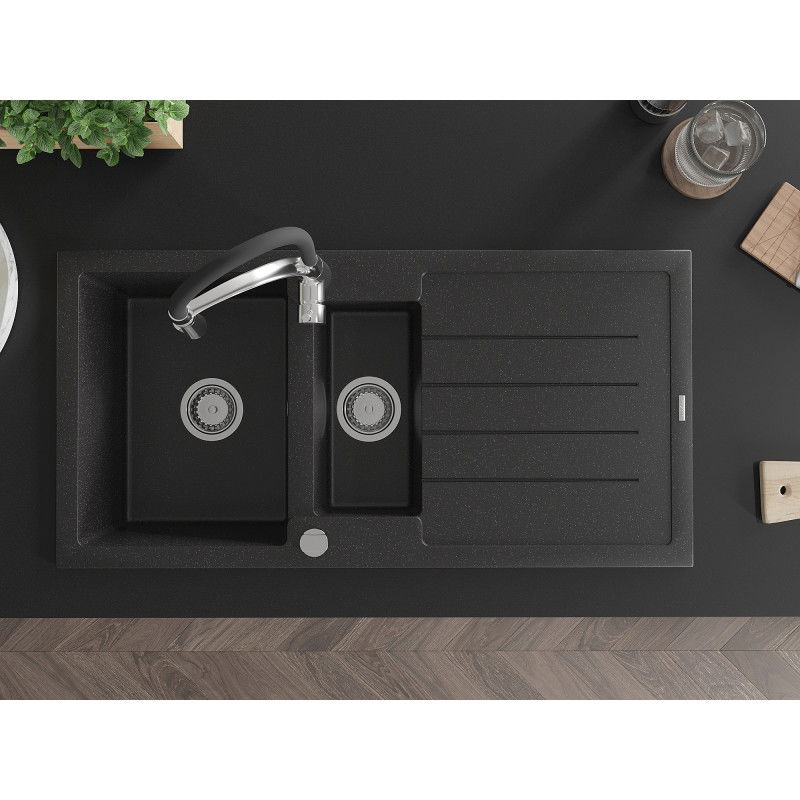Mexen Andres žulový drez 1,5-komorový s odkvapkávačom a kuchynskou batériou Aster, čierny/strieborný metalík - 6515-73-73450-07