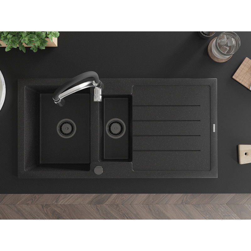 Mexen Andres granitový drez 1,5-komorový s odkvapkávačom a kuchynskou batériou Aster, čierny/strieborný - 6515-73-73450-07-B