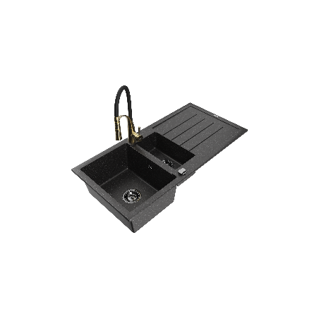 Mexen Andres granitový drez s 1,5 komorou, odkvapkávačom a kuchynskou batériou Aster, čierny/strieborný