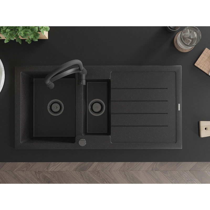 Mexen Andres kamenný drez 1,5-komorový s odkvapkávačom a kuchynskou batériou Aster, čierny/strieborný