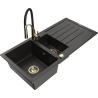 Mexen Andres granitový drez s odkvapkávačom 1,5-komorový a kuchynskou batériou Aster, čierny/zlatý metalický