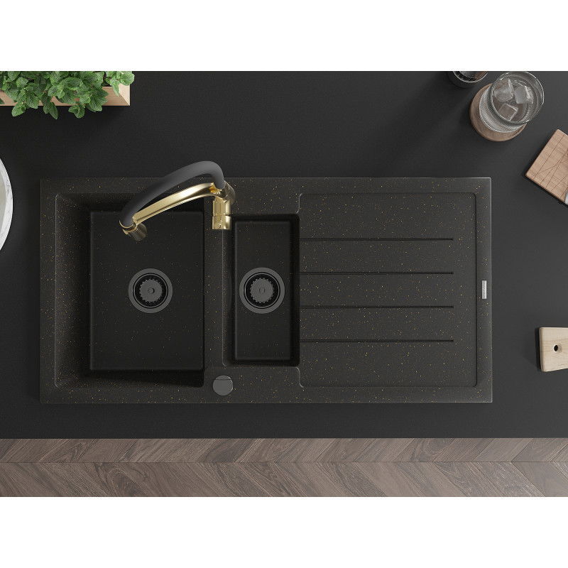 Mexen Andres 1,5-komorový granitový drez s odkvapkávačom a kuchynskou batériou Aster, čierny/zlatý metalik - 6515-75-73450-57-B