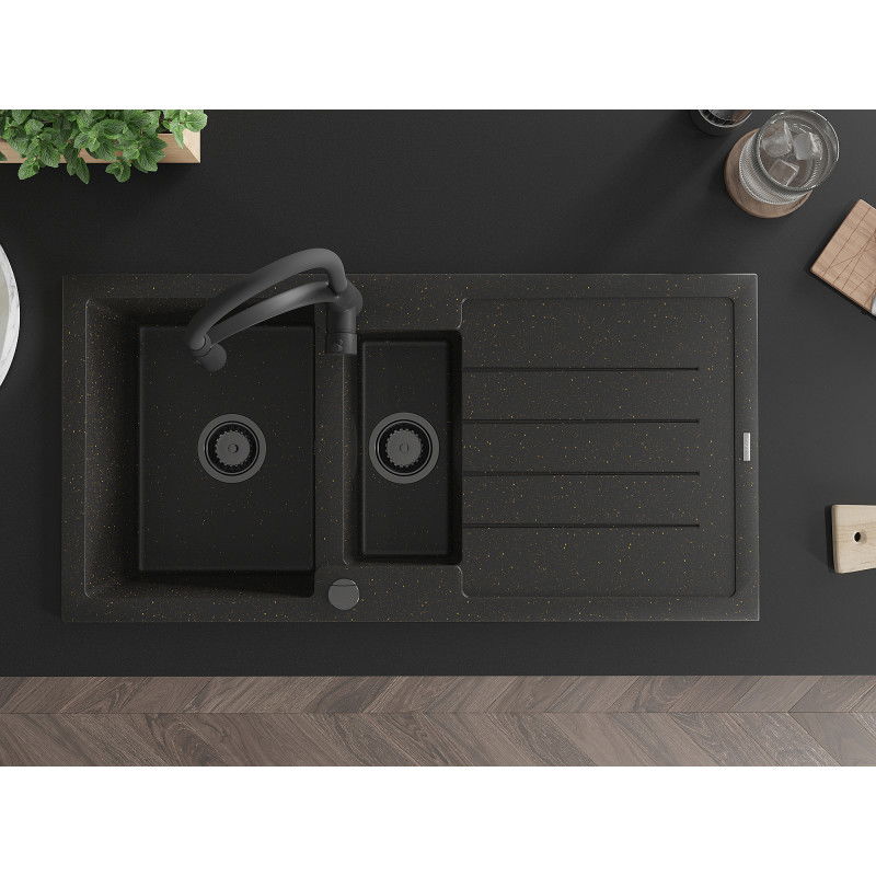 Mexen Andres granitový drez 1,5-komorový s odkvapkávačom a kuchynskou batériou Aster, čierny/zlatý metalický