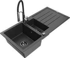 Mexen Andres žulový drez 1,5-komorový s odkvapkávačom a kuchynskou batériou Aster, čierny štipľavý - 6515-76-73450-07-B