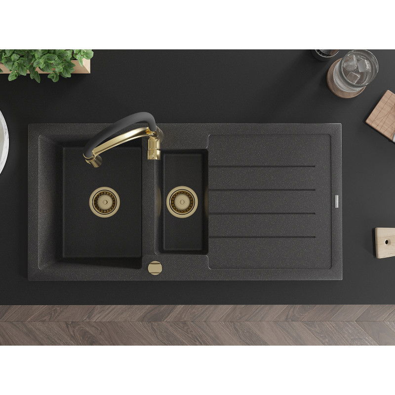 Mexen Andres žulový drez 1,5-komorový s odkvapkávačom a kuchynskou batériou Aster, čierny bodkovaný - 6515-76-73450-57-G