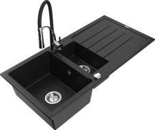 Mexen Andres granitový drez 1,5-komorový s odkvapkávačom a kuchynskou batériou Aster, čierny - 6515-77-73450-07