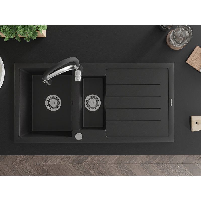 Mexen Andres granitový drez 1,5-komorový s odkvapkávačom a kuchynskou batériou Aster, čierny - 6515-77-73450-07