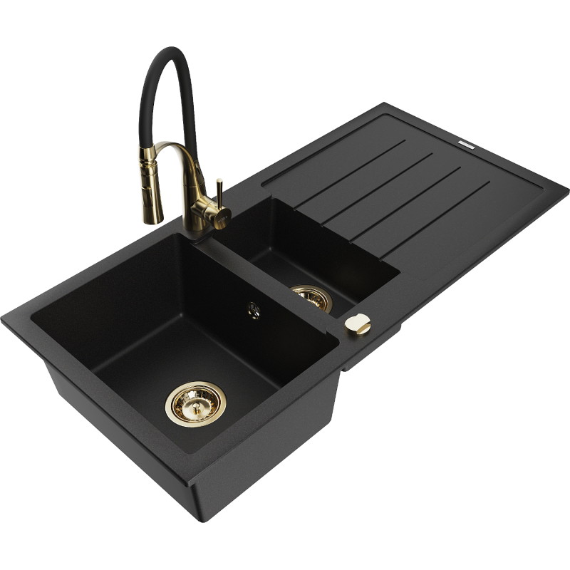 Mexen Andres granitový kuchynský drez s 1,5-komorou, odkvapkávačom a kuchynskou batériou Aster, čierny