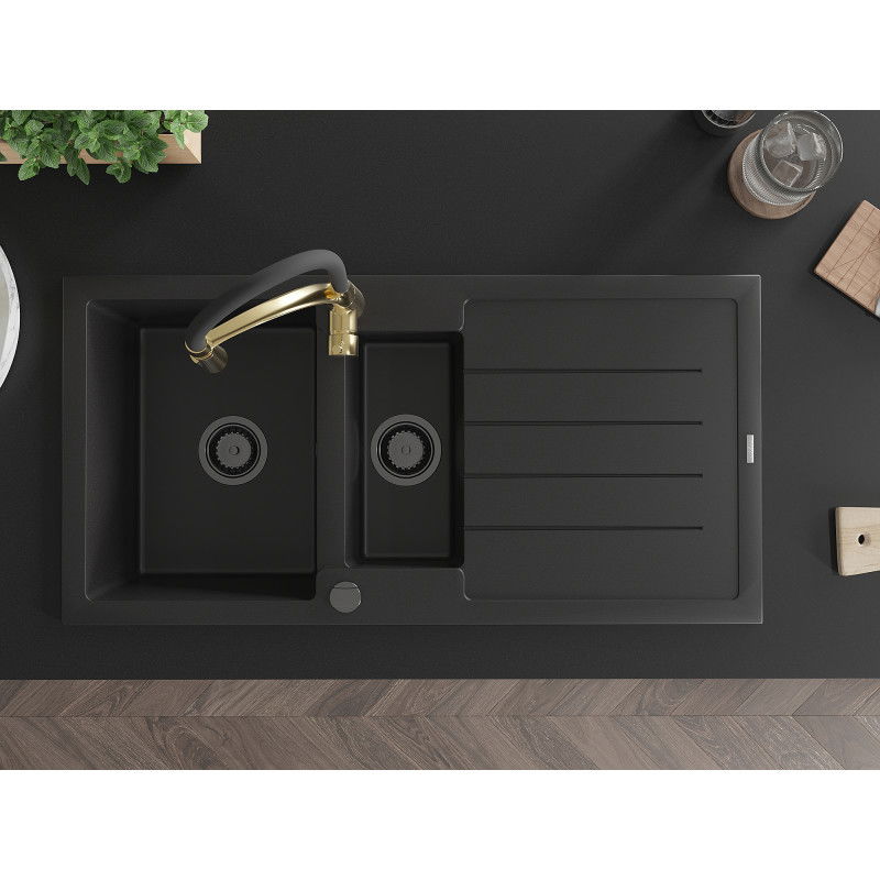 Mexen Andres granitový drez 1,5-komorový s odkvapkávačom a kuchynskou batériou Aster, čierny - 6515-77-73450-57-B
