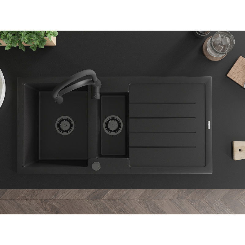 Mexen Andres granitový kuchynský drez 1,5-komorový s odkvapkávačom a kuchynskou batériou Aster, čierny - 6515-77-73450-70-B