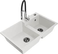 Mexen Tomas žulový drez s 2 komorami s kuchynskou batériou Aster, biely - 6516-20-73450-07-B