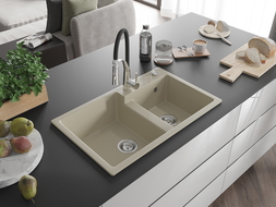 Mexen Tomas žulový drez s dvoma komorami a kuchynskou batériou Aster, béžová - 6516-69-73450-07