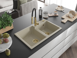 Mexen Tomas žulový kuchynský drez s 2 komorami a kuchynskou batériou Aster, béžový - 6516-69-73450-57-G