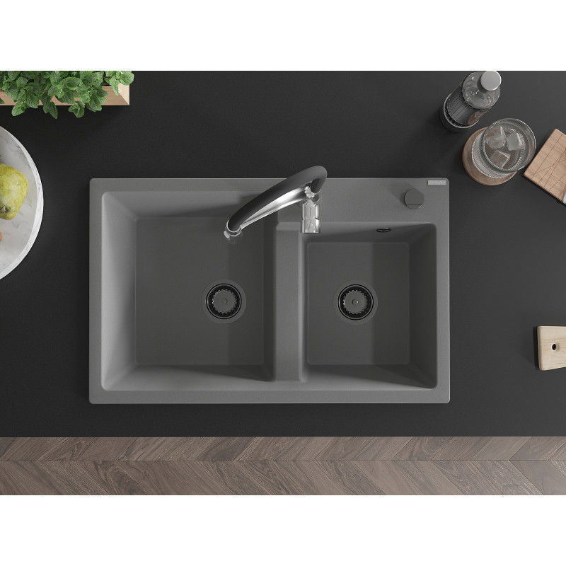 Mexen Tomas granitový dvojkomorový drez s kuchynskou batériou Aster, sivý - 6516-71-73450-07-B
