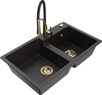 Mexen Tomas žulový drez 2-komorový s kuchynskou batériou Aster, čierny/zlatý metalik - 6516-75-73450-57-G