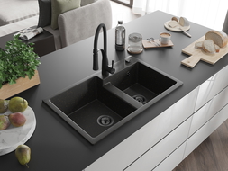 Mexen Tomas žulový drez 2-komorový s kuchynskou batériou Aster, čierny/zlatý metalik - 6516-75-73450-70-B