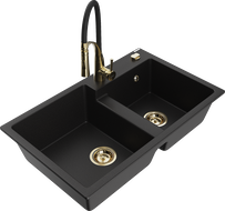 Mexen Tomas granitový drez 2-komorový s kuchynskou batériou Aster, čierny - 6516-77-73450-57-G