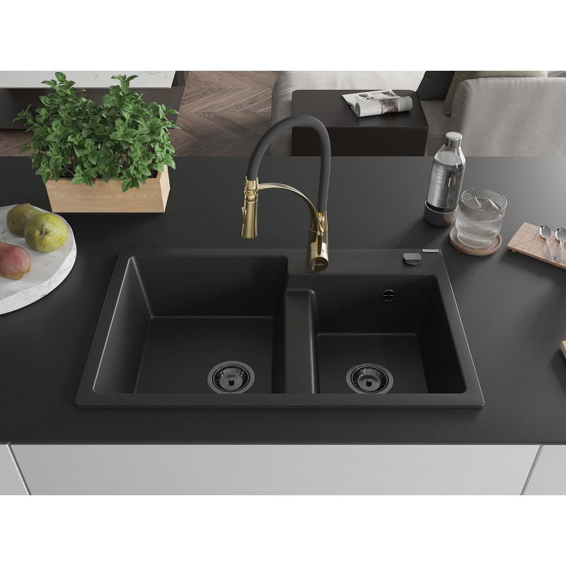Mexen Tomas žulový drez 2-komorový s kuchynskou batériou Aster, čierny - 6516-77-73450-57-B