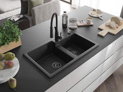 Mexen Tomas žulový drez s dvomi komorami a kuchynskou batériou Aster, čierny - 6516-77-73450-70-B