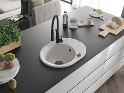 Mexen Kevin žulový kuchynský drez 1-komorový s odkvapkávačom a kuchynskou batériou Aster, biely - 6517-20-73450-70-B