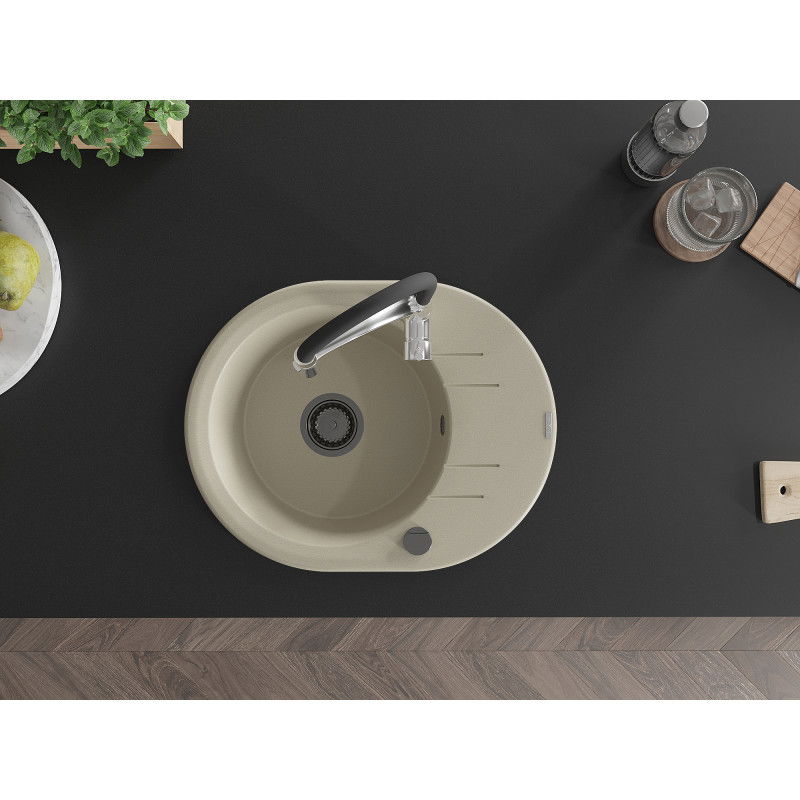 Mexen Kevin granitový drez 1-komorový s odkvapkávačom a kuchynskou batériou Aster, béžový - 6517-69-73450-07-B