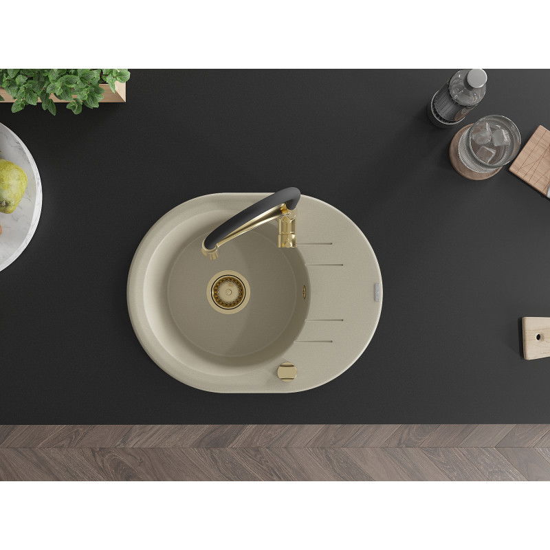 Mexen Kevin granitový drez s 1 komorou a odkvapkávačom a kuchynskou batériou Aster, béžový - 6517-69-73450-57-G