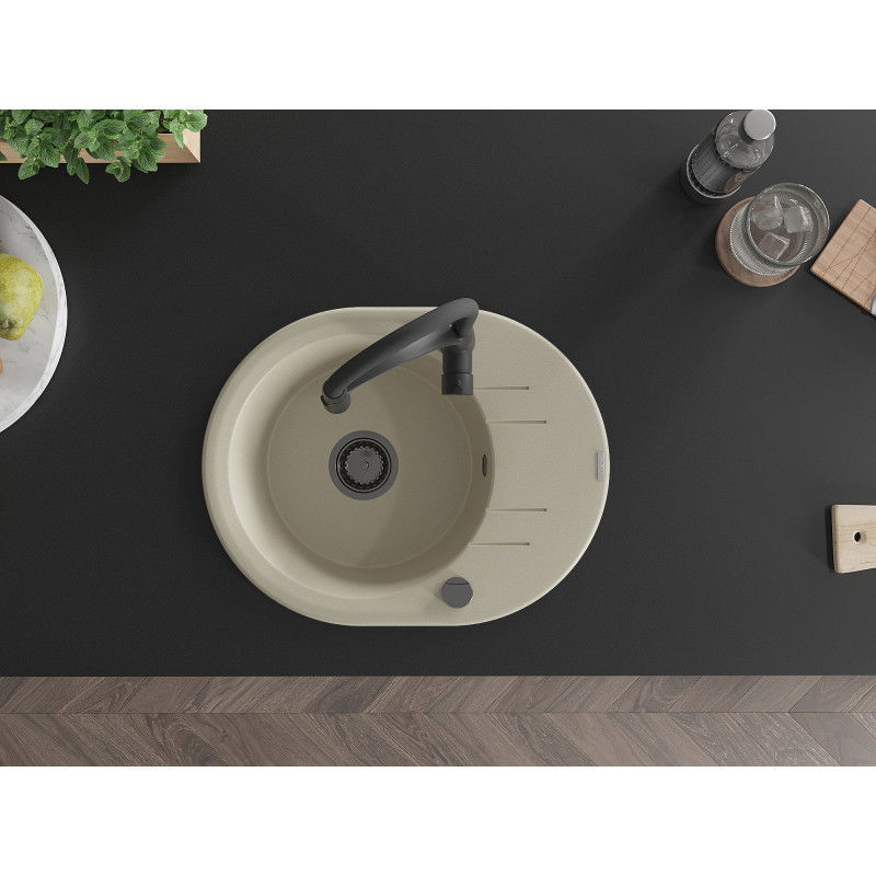 Mexen Kevin žulový 1-komorový drez s odkvapkávačom a kuchynskou batériou Aster, béžový - 6517-69-73450-70-B