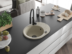 Mexen Kevin žulový 1-komorový drez s odkvapkávačom a kuchynskou batériou Aster, béžový - 6517-69-73450-70-B