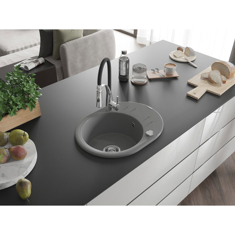 Mexen Kevin granitový kuchynský drez 1-komorový s odkvapkávačom a kuchynskou batériou Aster, šedý - 6517-71-73450-07